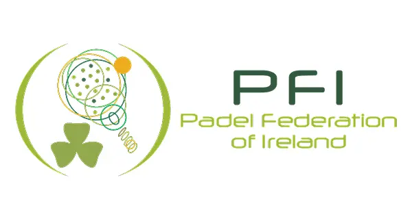 Padel Federation of Ireland logo with green shamrock, padel rackets and ball, and “PFI” text.