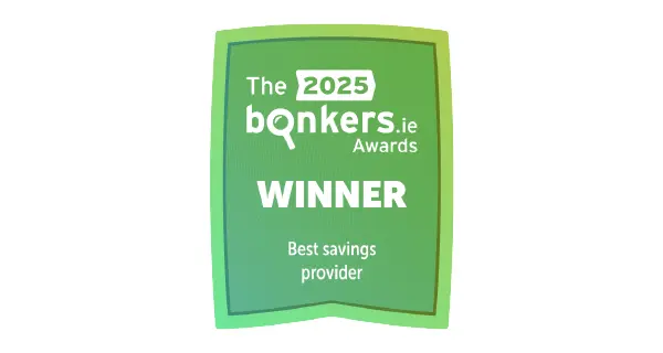 Badge stating: "The 2025 bonkers.ie Awards WINNER Best savings provider"