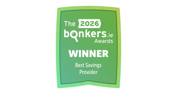 Green badge reading “The 2026 bonkers.ie Awards Winner - Best Savings Provider”.