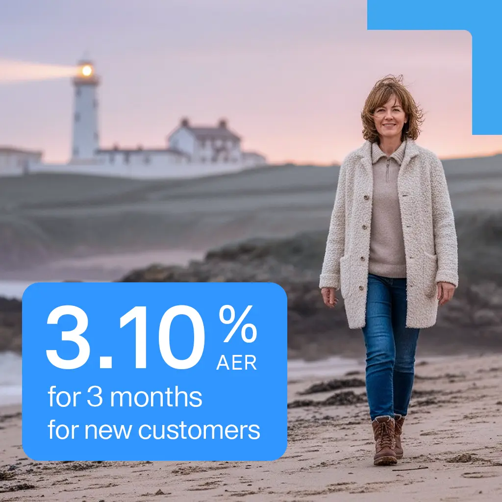 Woman walking on a beach at sunset with a lighthouse in the background, alongside a promo graphic showing 3.10 percent AER for new customers.