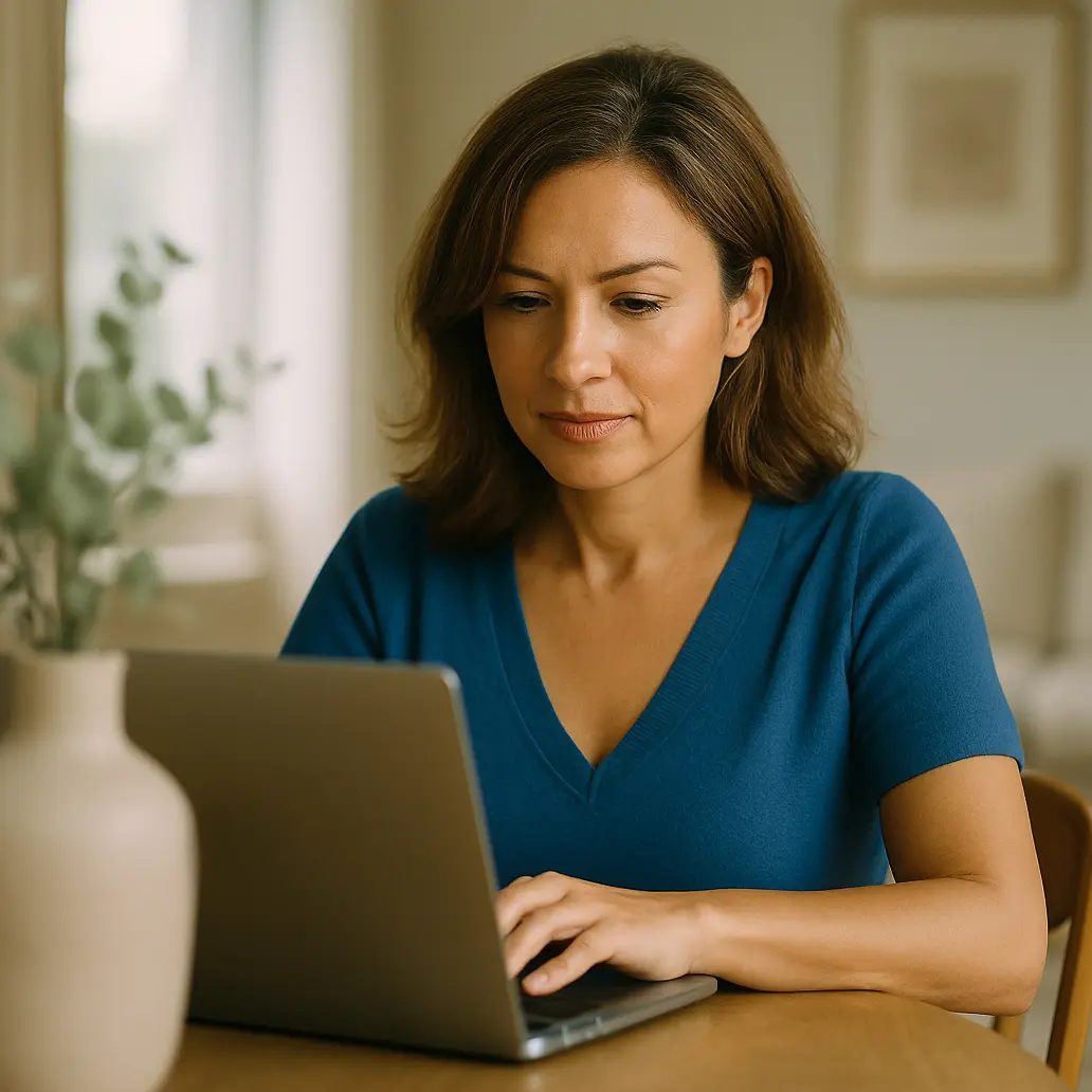 raisin_uk_woman_using_laptop.png A woman in a blue t-shirt typing on a laptop
