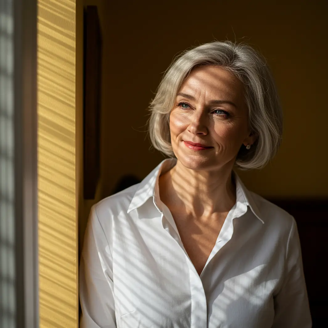 Kobieta z siwymi włosami w białej koszuli spogląda przez okno