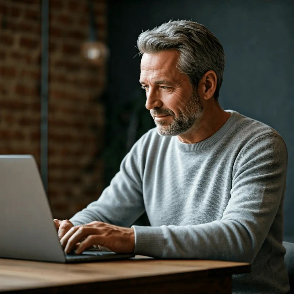 raisin_uk_man_on_laptop.png A man with grey hair and a grey jumper typing on a laptop