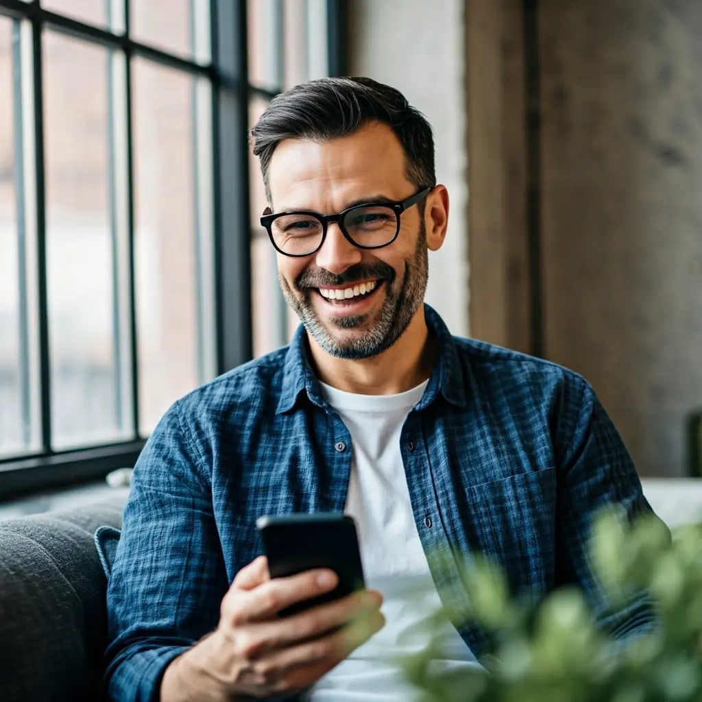 A man in his 40s holding a smartphone and smiling