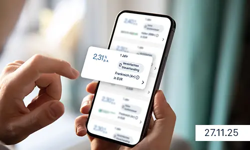 Raisin DE Freistellungsauftrag digital einreichen Bild zeigt ein Smartphone mit einem Raisin-Vergleichsrechner und einem herausstechenden Zinssatz "2,31 % p. a. für 1 Jahr" und dem Datum 21.11.25