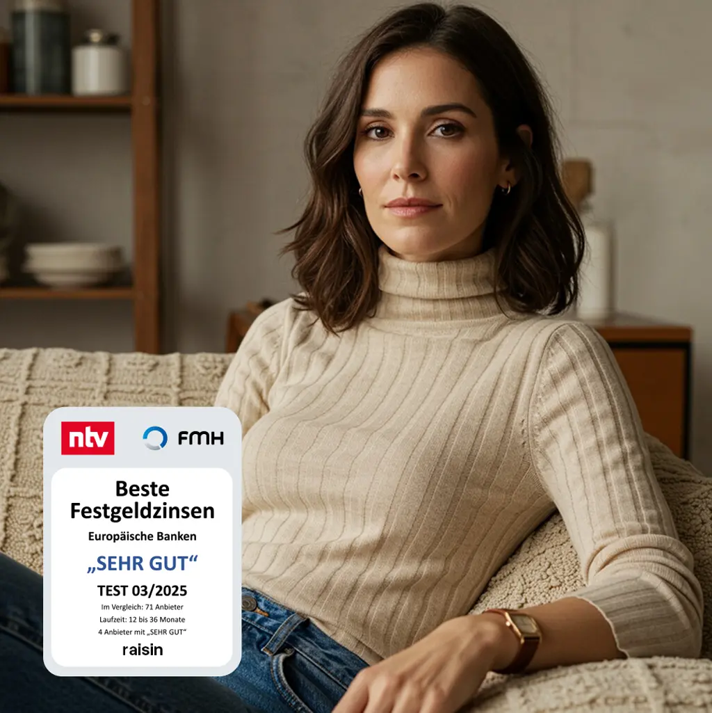 Frau mit braunem Haar sitz auf einem Stuhl und schaut in die Kamera. Unten links ist ein nTV-Siegel zu sehen mit der Aufschrift "Beste Festgeldzinsen" "Sehr Gut" Test 04/2025