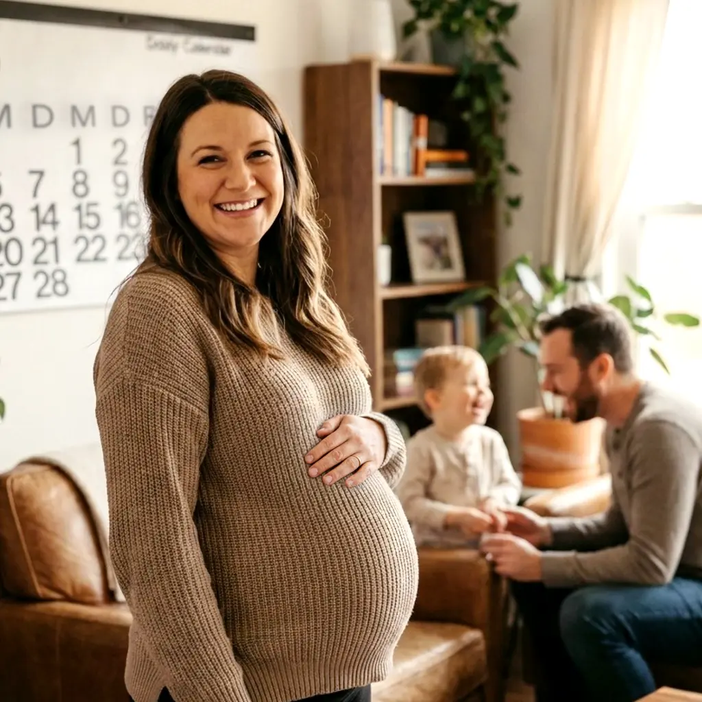 Raisin de schwangere Frau und Familie Raisin DE Schwangere Frau lächelt in ihrem Wohnzimmer, während ihr Partner und Kind im Hintergrund zusammensitzen