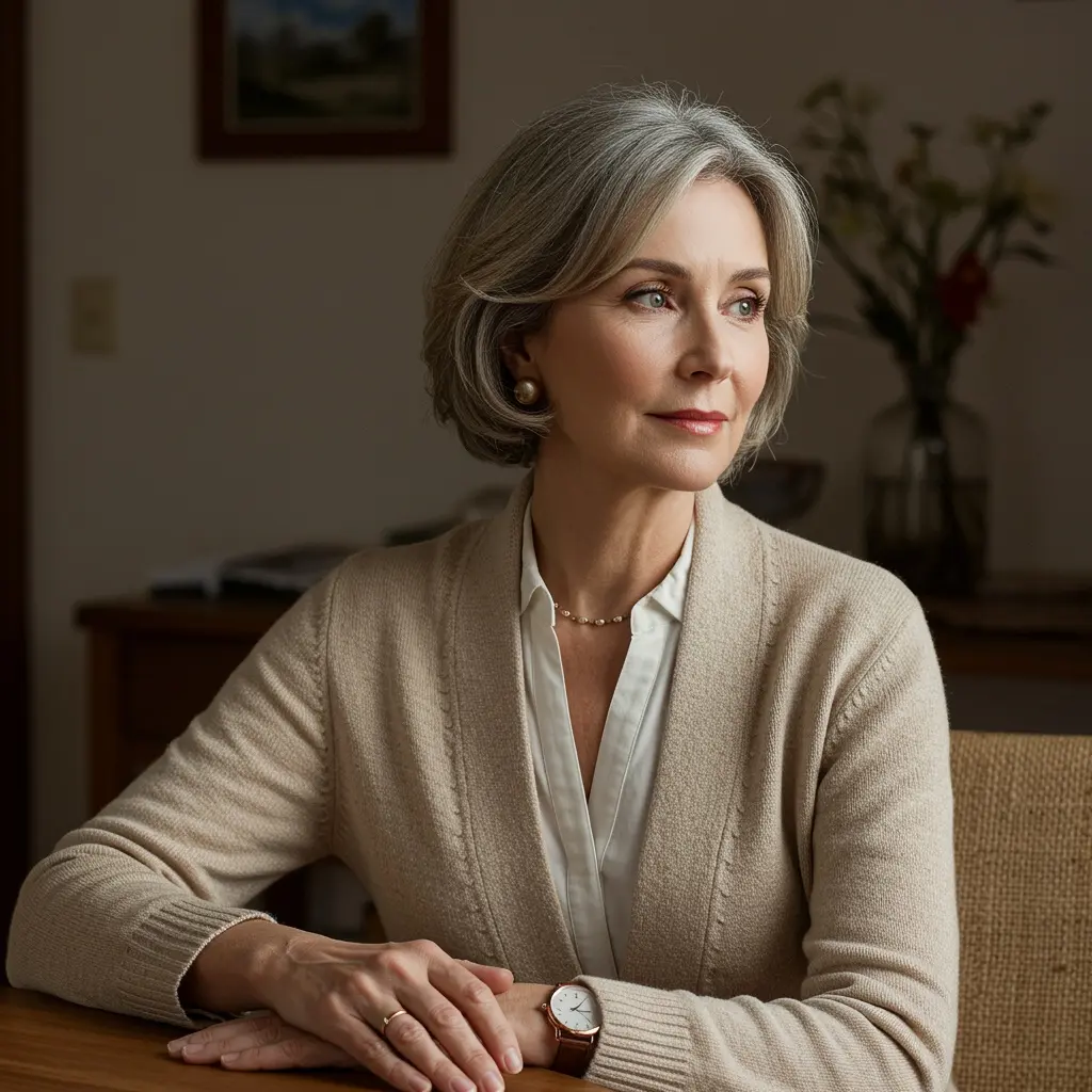 Raisin DE - Ältere Frau am Schreibtisch Eine ältere Frau sitzt in einem ruhigen, wohnlichen Raum an einem Tisch. Sie trägt eine helle Strickjacke über einer weißen Bluse, dazu Perlenohrringe und eine Armbanduhr. Ihr Blick ist nachdenklich zur Seite gerichtet. Im Hintergrund stehen eine Vase mit Blumen und ein gerahmtes Bild an der Wand.