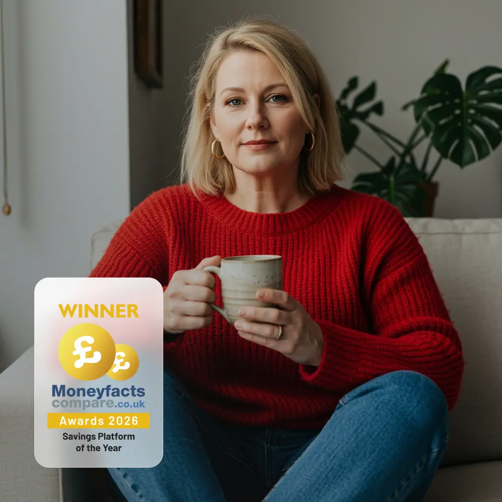A woman in a red jumper sitting on a chair holding a grey mug