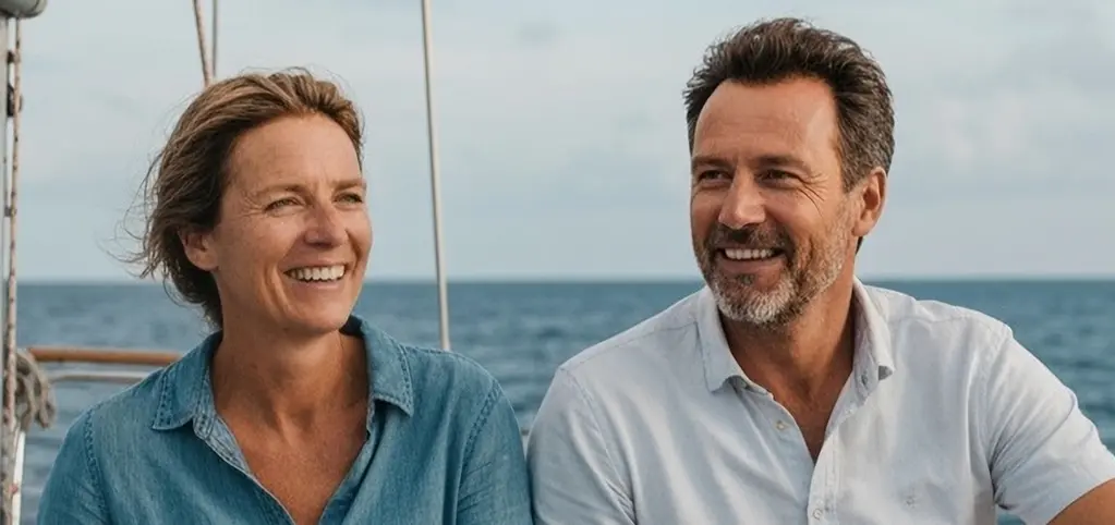 Een lachend stel zit samen op een boot met de zee op de achtergrond. Ze dragen lichte, casual kleding en genieten zichtbaar van het moment op het water.