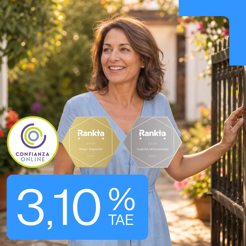 Mujer en una puerta con la cifra 3,10% TAE de la Cuenta Bienvenida y logos de Confianza Online y Rankia.