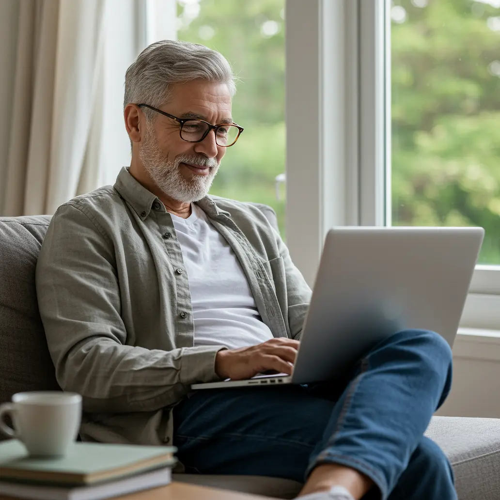 Older man with grey hair and glasses sitting on a sofa, smiling while using a laptop near a bright window.