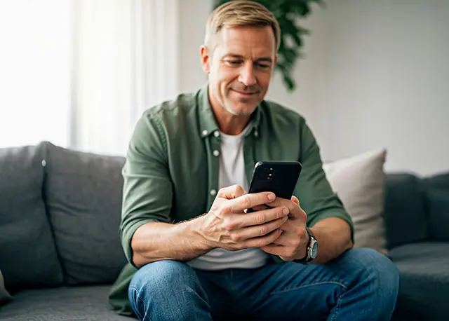 Mężczyzna w zielonej koszuli trzyma smartfon w dłoniach