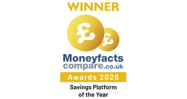 Illustration of two pound coins. The text reads 'Winner. Moneyfactscompare.co.uk Award 2026. Savings Platform of the Year'.