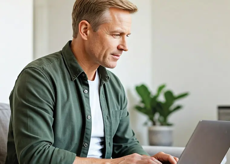 A man in a green shirt looking at a laptop