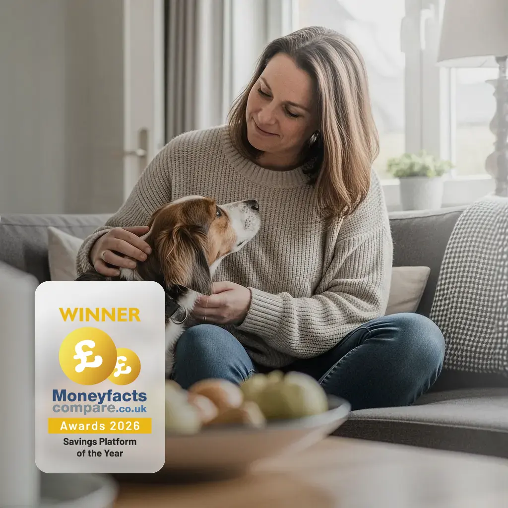 A woman and a dog on a sofa