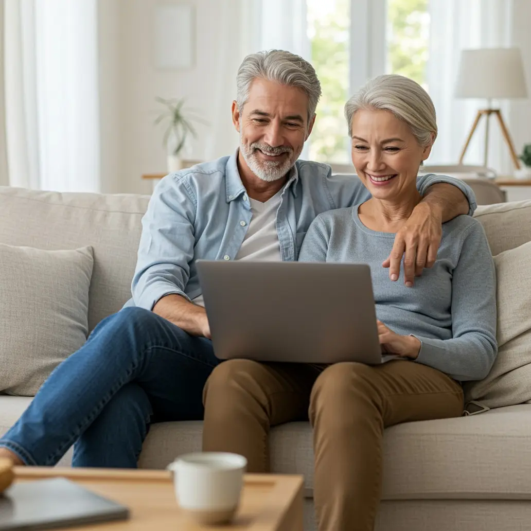 raisin_de_aeltere_paar_mit_laptop_auf_sofa.png Raisin DE- Älteres Paar sitzt gemeinsam auf dem Sofa und nutzt lächelnd einen Laptop