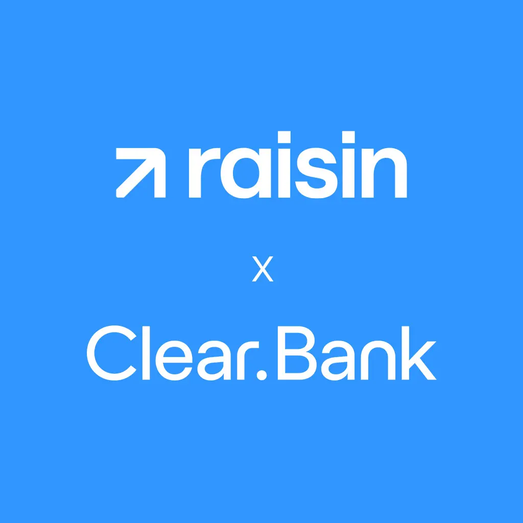 raisin_uk_logo_rxcb.jpg A square image featuring the logos of Raisin and ClearBank on a blue background.