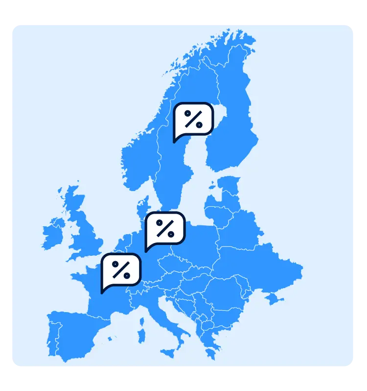 Illustration of a blue map of Europe highlighting several countries with speech bubbles containing percentage signs.