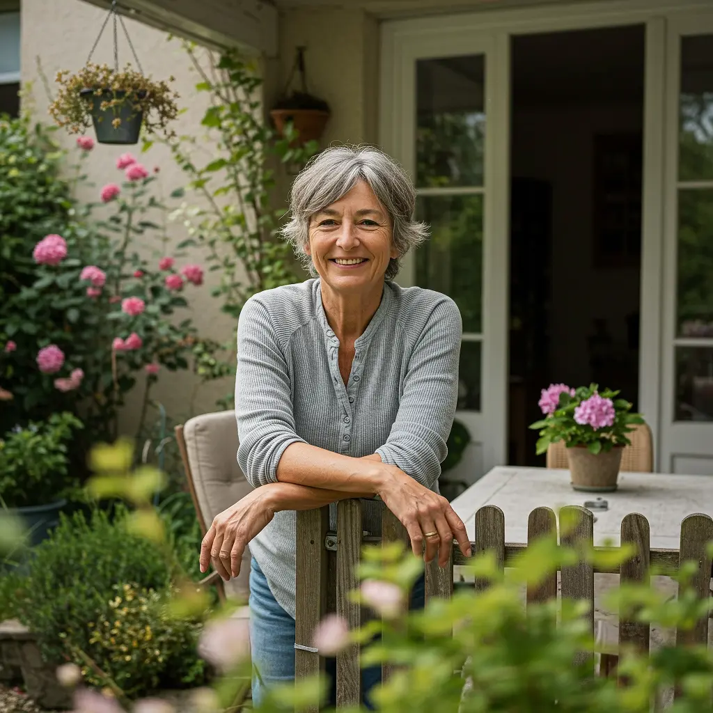 An older woman with grey hair leans on a wooden gate in a garden, smiling warmly amid green plants and pink flowers.