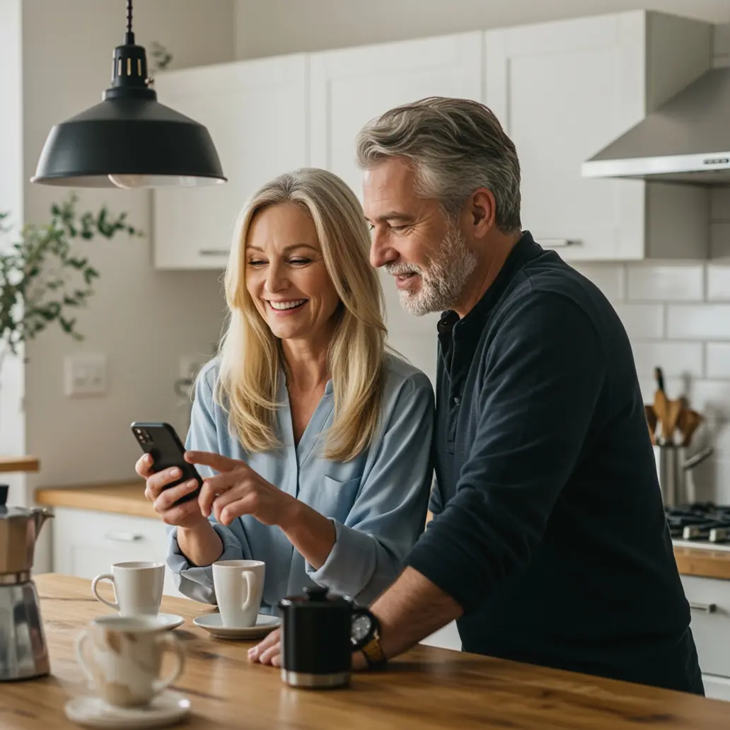 Smiling middle-aged couple standing in a modern kitchen, looking at a smartphone together while having coffee at a wooden counter.