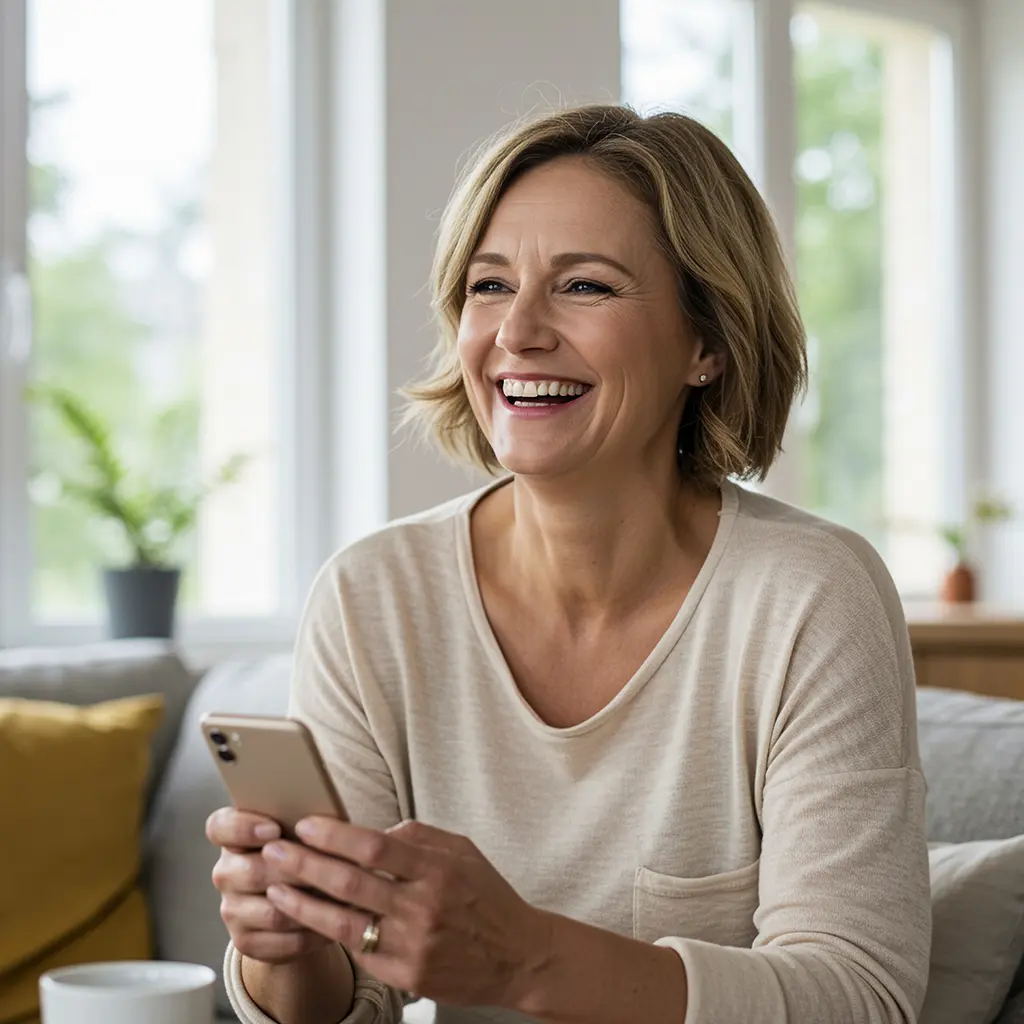 Vaaleahiuksinen nainen hymyilee ja pitää puhelinta kädessään.