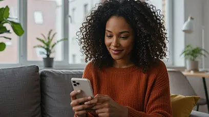 Frau sitzt auf einem Sofa, hält ein Smartphone in der Hand und schaut lächelnd darauf