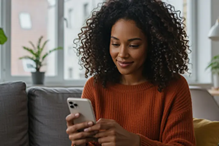 Woman sitting on a sofa in a cozy room, smiling while using a smartphone.