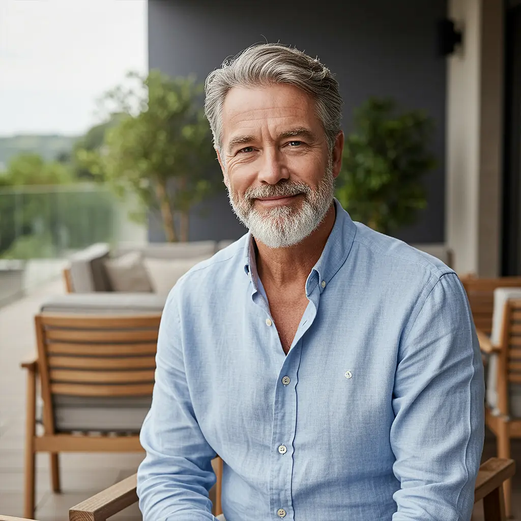 Homme souriant assis en extérieur sur une terrasse, symbolisant la sérénité et la confiance d’un épargnant Raisin.