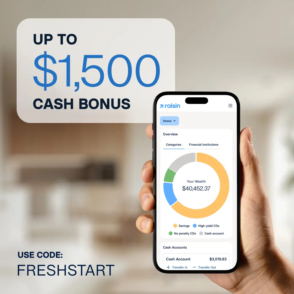 Hand holding phone with Raisin dashboard on screen