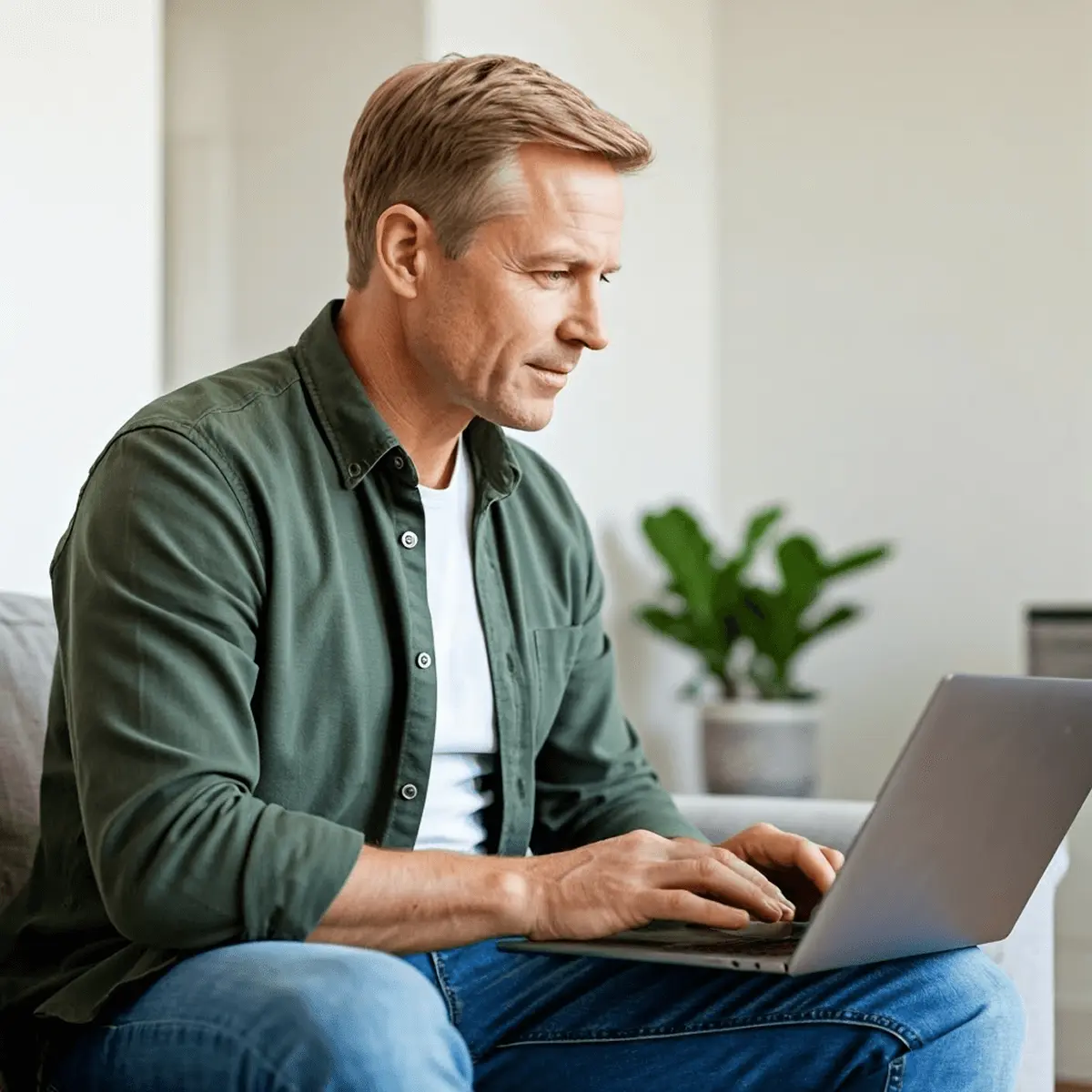 raisin_ie_how_to_register_step_1_man_with_laptop Focused middle-aged man sitting indoors on a couch, wearing a green shirt and jeans, typing on a laptop with a potted plant in the background.