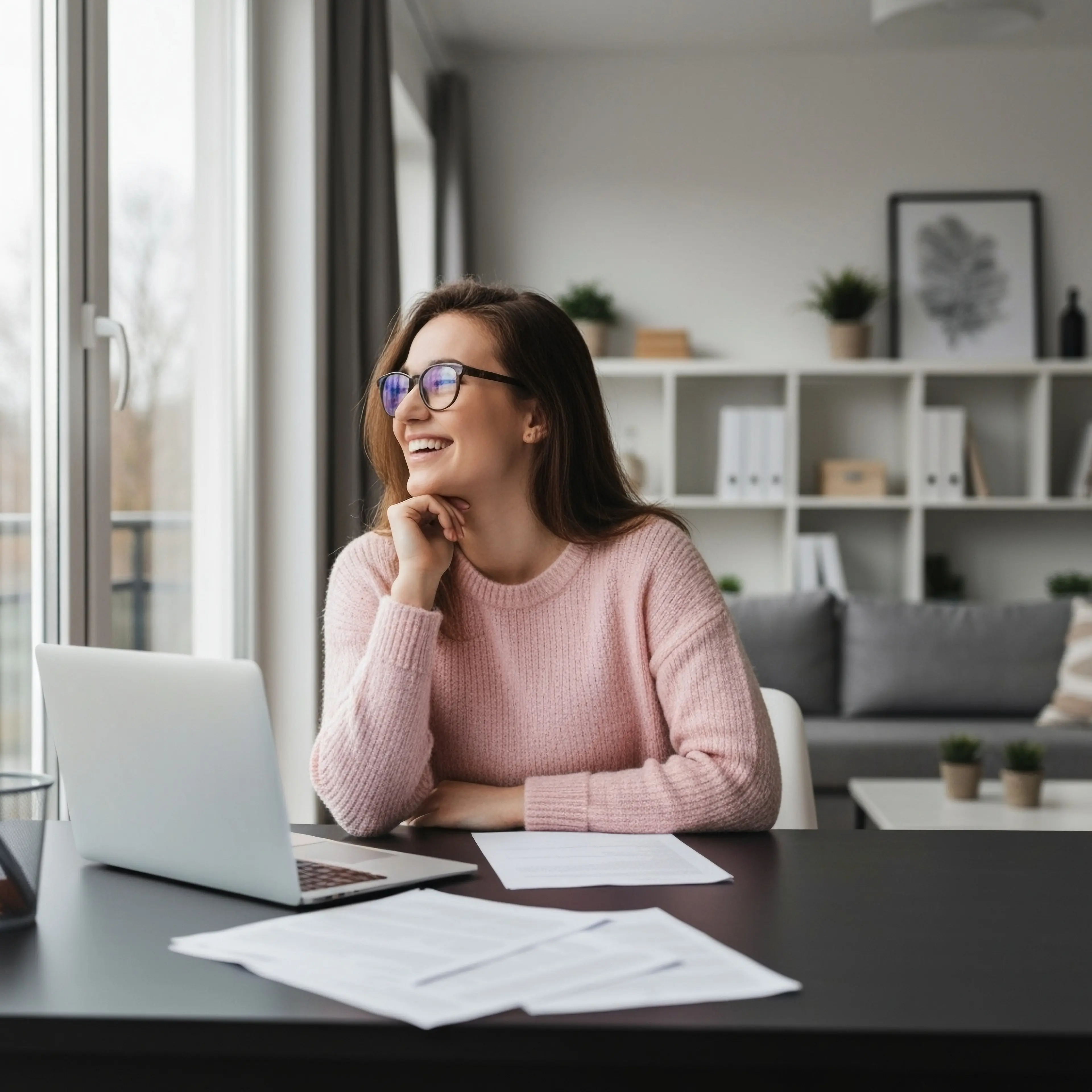 A woman working from home, taking a short break while reviewing documents on her laptop.