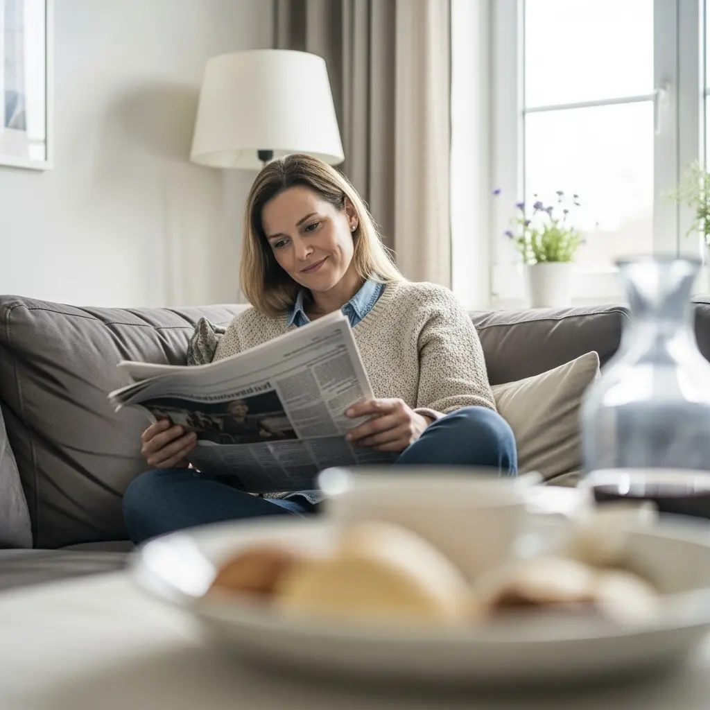 Eine lächelnde Frau in einem hellen Wollpullover sitzt auf einem Sofa und liest Zeitung.