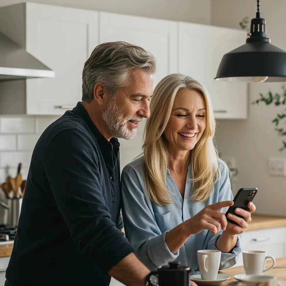 Raisin DE Freunde werben Freunde Ein Paar mittleren Alters steht in einer modernen Küche und schaut gemeinsam auf ein Smartphone. Beide lächeln, während sie an einer Kücheninsel mit Tassen und einer Kaffeekanne stehen.