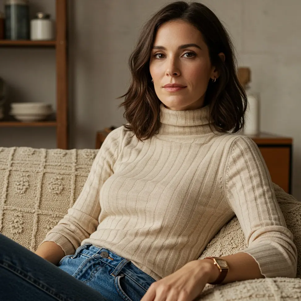 Femme assise sur un canapé, au style naturel et serein, illustrant la confiance d’une cliente dans sa gestion de l’épargne.