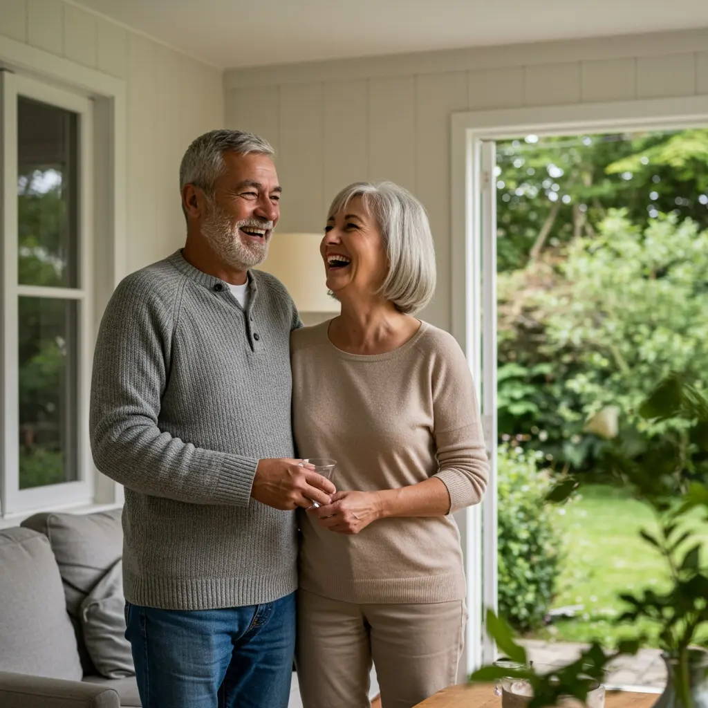 A couple in their 60s, one man and one woman, laughing together. In the background, a door opens out to a green garden.