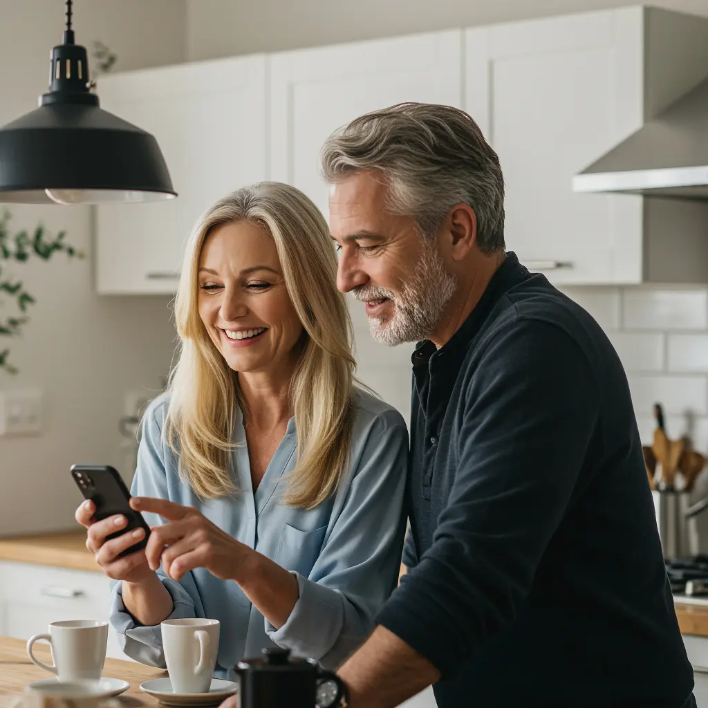 An older couple stood in a kitchen, looking at a phone while smiling