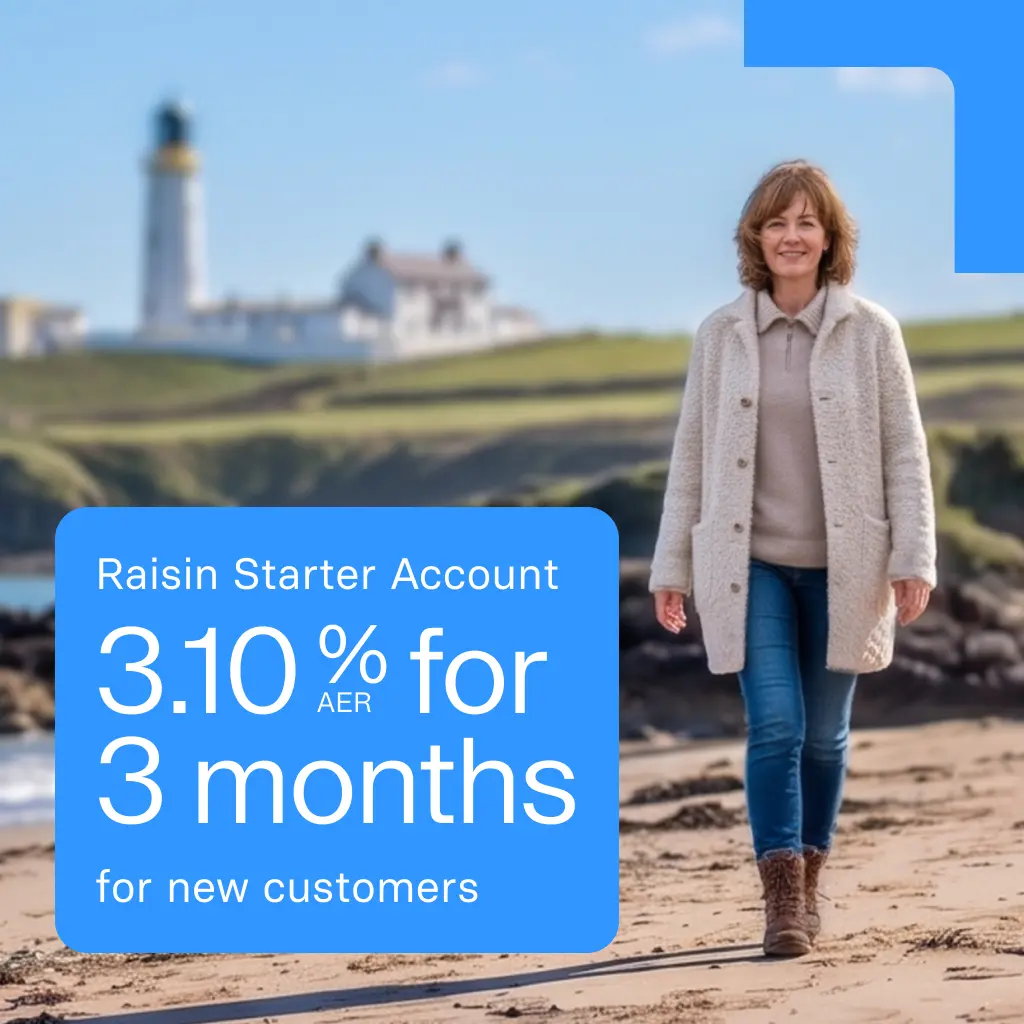 Woman walking on a beach with a lighthouse in the background, alongside a promo graphic showing 3.10 percent AER for new customers.