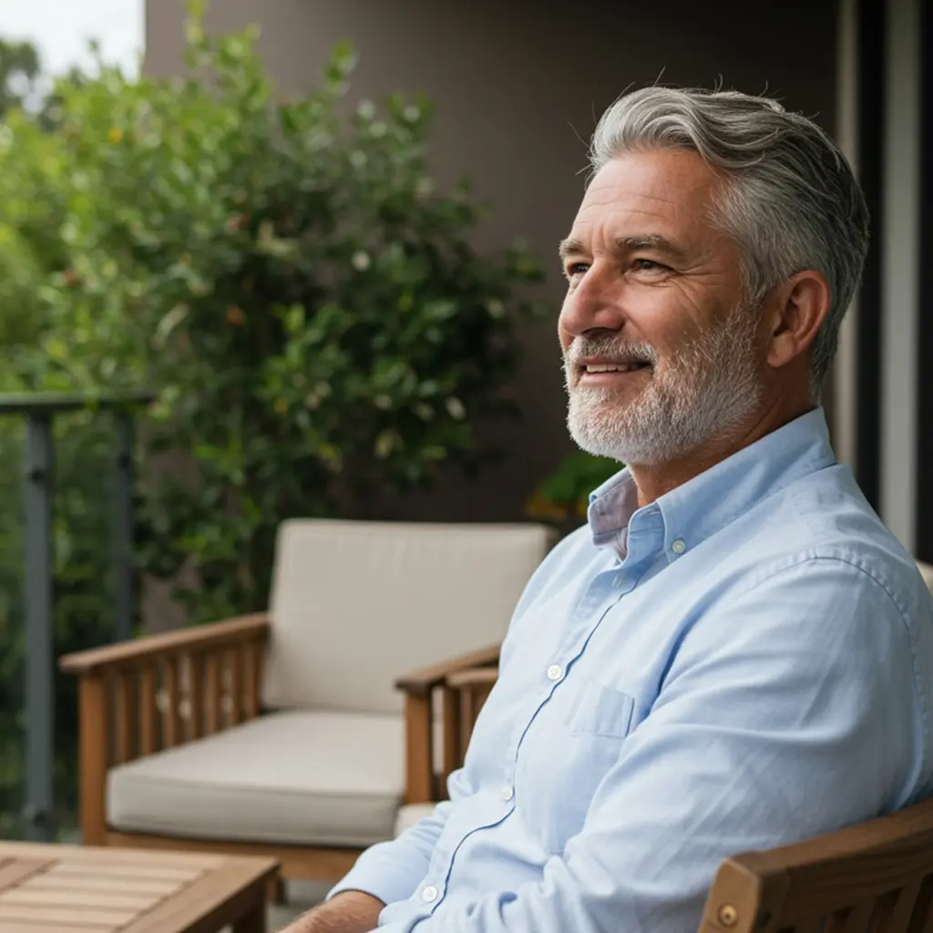 Smiling older man with grey hair and beard sitting on a wooden chair on a terrace, wearing a light blue shirt, with greenery and outdoor furniture in the background.