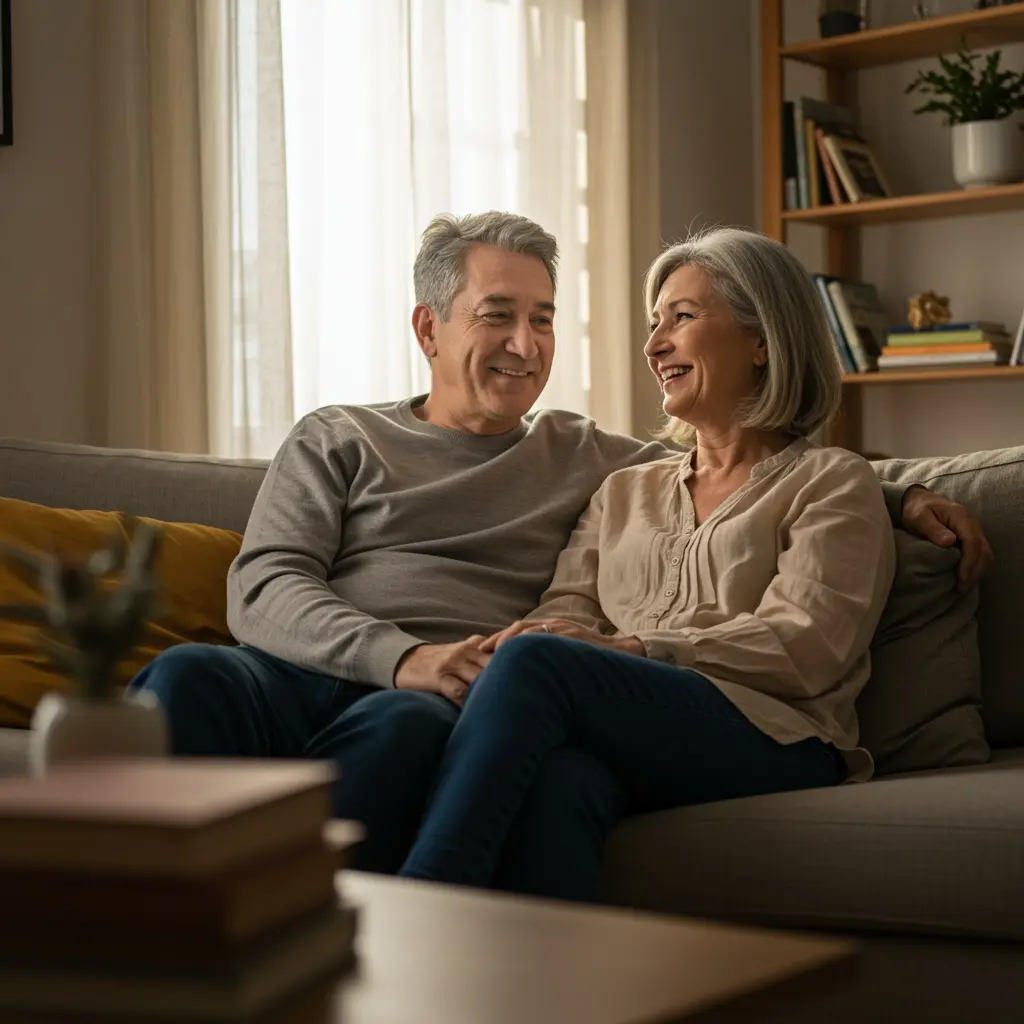 Smiling older couple sitting close together on a living room couch, holding hands and looking at each other warmly.