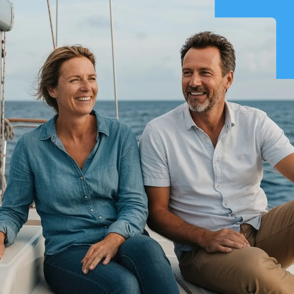 Man en vrouw op boot lachen samen