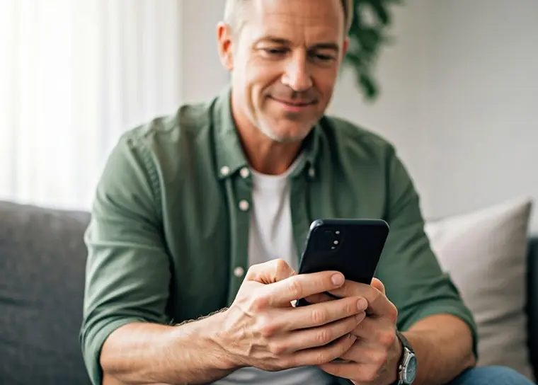 A man in a green shirt looking at his phone