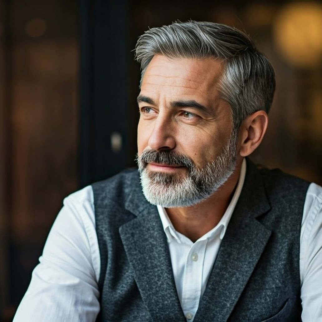 Un homme d'âge moyen aux cheveux gris et à la barbe grise regarde pensivement sur le côté, assis dans un intérieur moderne à l'éclairage tamisé.